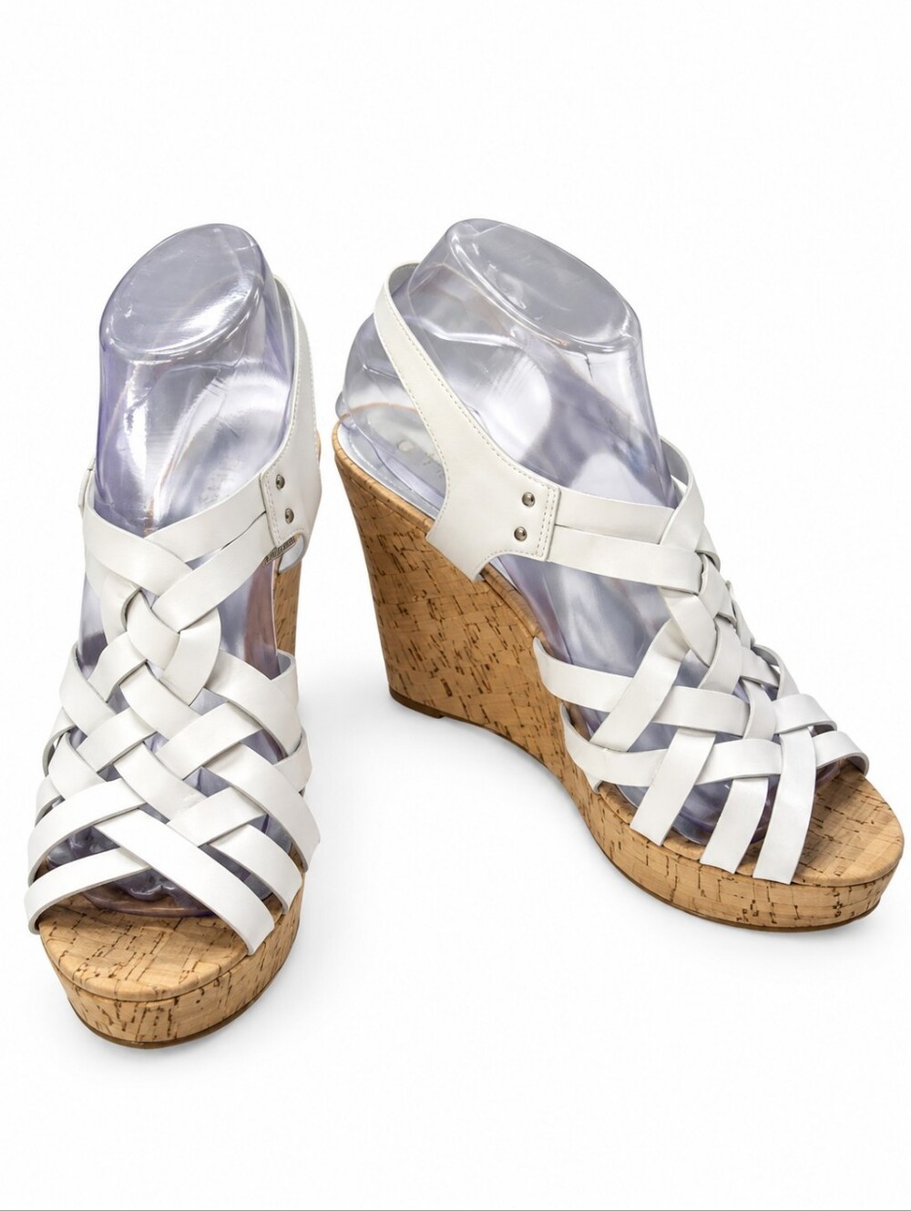EUC GUESS WOMEN'S WHITE LEATHER PLATFORM ESPADRILLES WEDGE SANDALS, 8.5